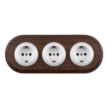 Elhard - Potrójne ceramiczne retro gniazdko domowe z ramką SCHUKO 230V biały/ciemne drewno