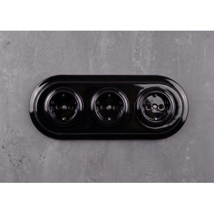 Elhard - Potrójne ceramiczne retro gniazdko domowe z ramką SCHUKO 230V czarne