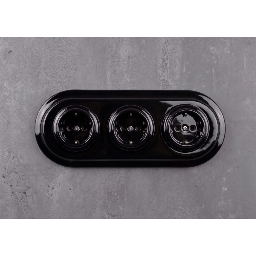 Elhard - Potrójne ceramiczne retro gniazdko domowe z ramką SCHUKO 230V czarne