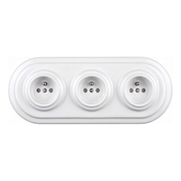 Elhard - Potrójne ceramiczne retro gniazdo domowe z ramką 230V białe