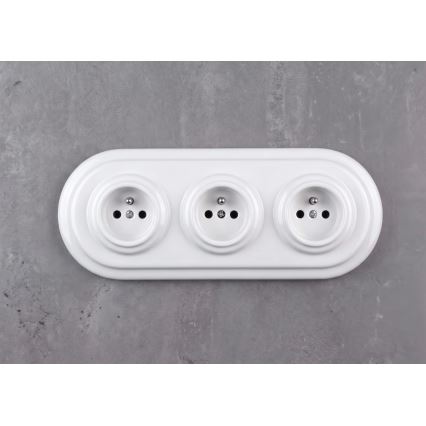 Elhard - Potrójne ceramiczne retro gniazdo domowe z ramką 230V białe