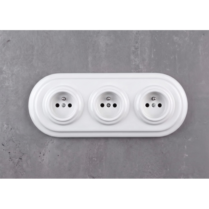 Elhard - Potrójne ceramiczne retro gniazdo domowe z ramką 230V białe