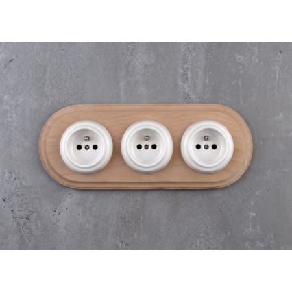 Elhard - Potrójne ceramiczne gniazdko retro do domu z ramką 230V, białe/jasne drewno