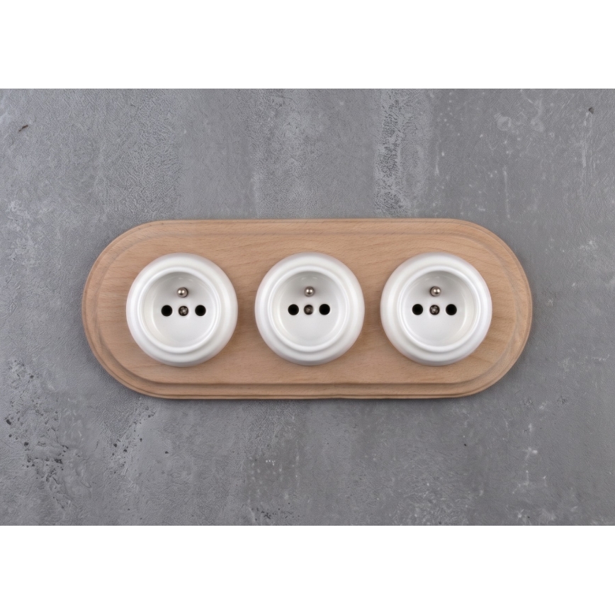 Elhard - Potrójne ceramiczne gniazdko retro do domu z ramką 230V, białe/jasne drewno
