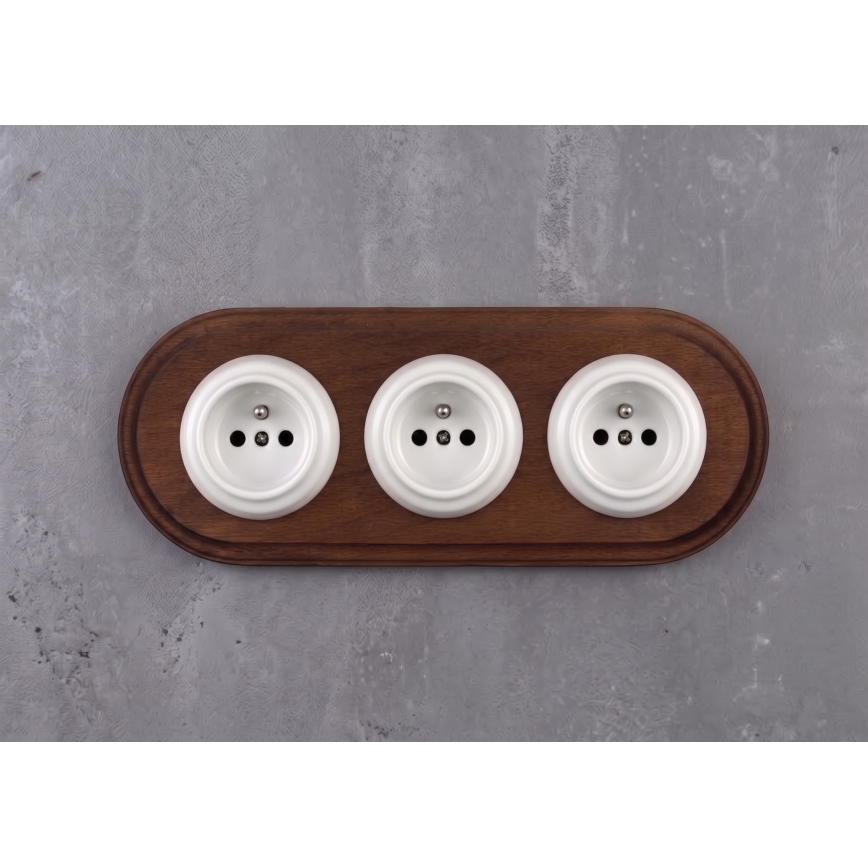 Elhard - Potrójne ceramiczne gniazdo domowe w stylu retro z ramką 230V białe/ciemne drewno