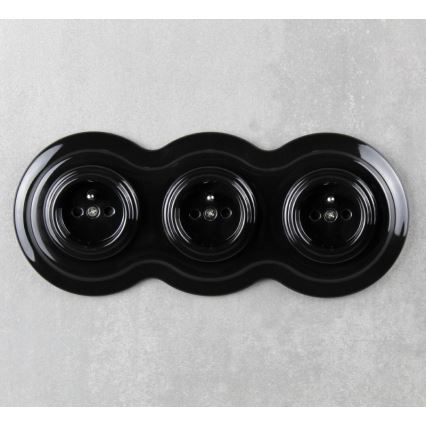 Elhard - Potrójne ceramiczne retro gniazdo domowe z ramką 230V czarne