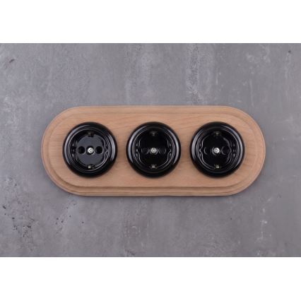 Elhard - Potrójne ceramiczne retro gniazdo domowe z ramką SCHUKO 230V czarne/jasne drewno