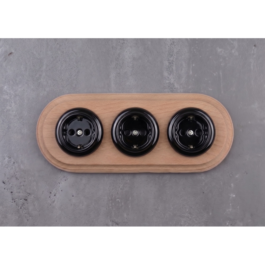Elhard - Potrójne ceramiczne retro gniazdo domowe z ramką SCHUKO 230V czarne/jasne drewno