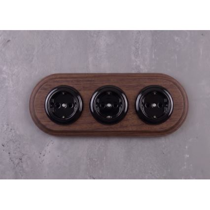 Elhard - Potrójne ceramiczne retro gniazdko domowe z ramką SCHUKO 230V czarne/ciemne drewno