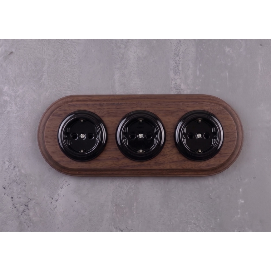 Elhard - Potrójne ceramiczne retro gniazdko domowe z ramką SCHUKO 230V czarne/ciemne drewno