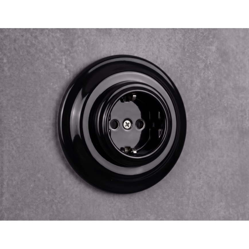 Elhard - Retro ceramiczne gniazdo domowe z ramką SCHUKO 230V czarne