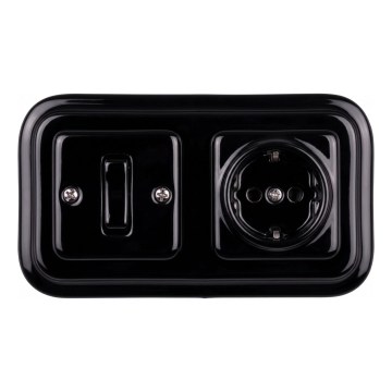 Elhard - Retro ceramiczny włącznik jednobiegunowy nr 1 i gniazdo SCHUKO 230V z ramką, czarne