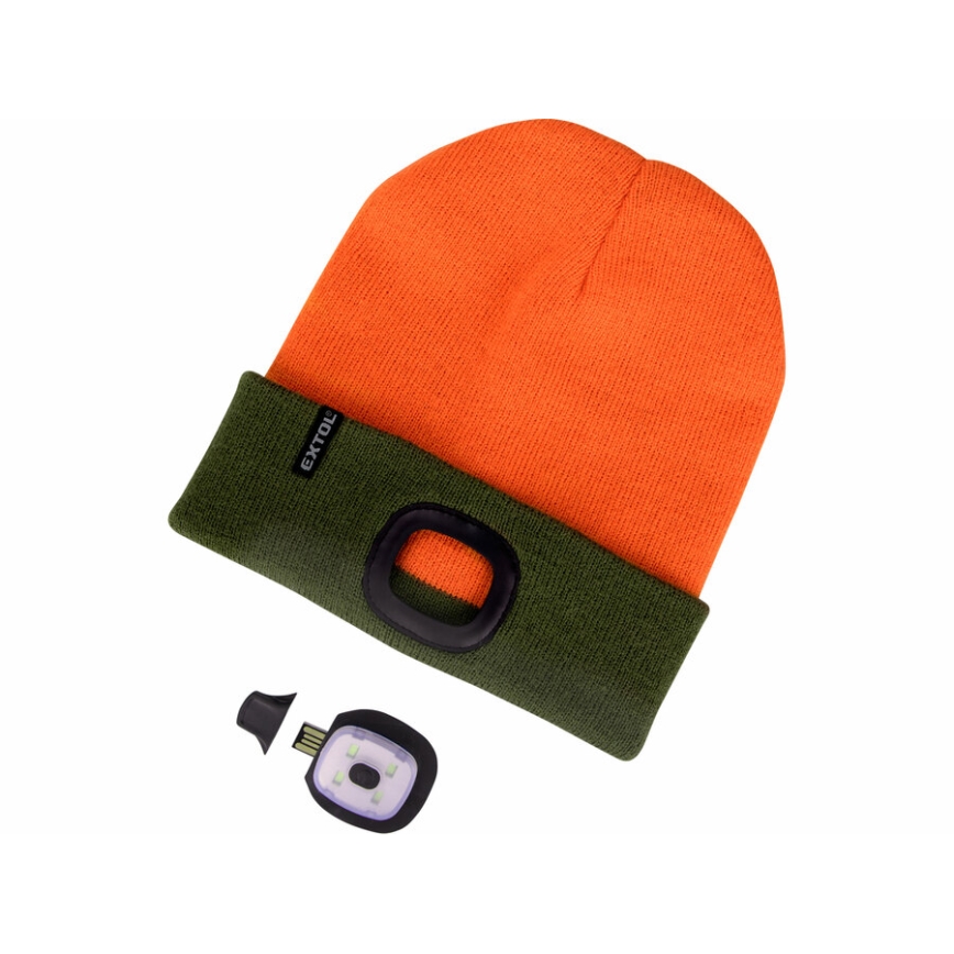 Extol - Czapka z czołówką, ładowanie przez USB, akumulator 300 mAh, neonowa pomarańczowo-zielona, rozmiar UNI