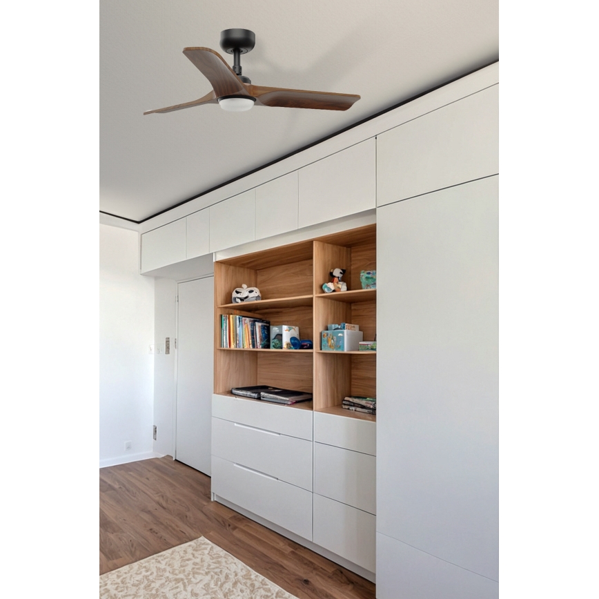FARO 33806WT1S - Ściemnialny wentylator sufitowy LED HEYWOOD S LED/10W/230V 2700/3000/4000K śr. 90 cm drewno/czarny Wi‑Fi Tuya + zdalne sterowanie