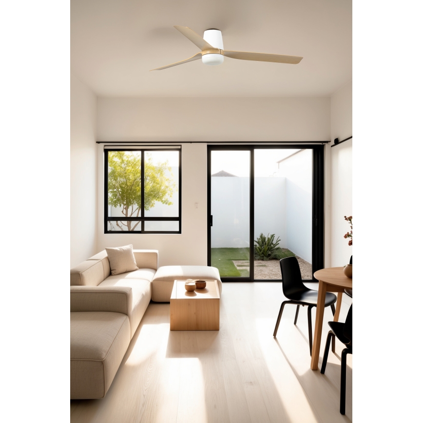 FARO 33829WT1S - ściemnialny wentylator sufitowy LED PUNT TUB M, 18 W, 230 V, 2700/3000/4000 K, Ø 132 cm, beżowy/biały, Wi‑Fi (Tuya) + pilot zdalnego sterowania