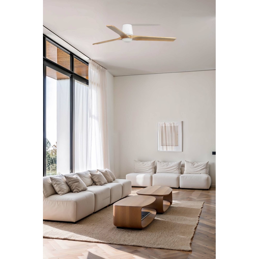 FARO 33838WT-1TW - LED Ściemnialny wentylator sufitowy HEYWOOD TUB L LED/10W/230V 2700/4000/6000K sosna/biały śr. 132 cm Wi-Fi Tuya + pilot zdalnego sterowania