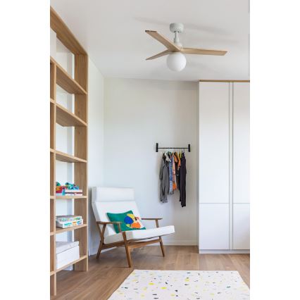 FARO 34281WT-11L - Wentylator sufitowy KLIM S 1xE27/15W/230V sosna/biały śr. 92,5 cm Wi-Fi Tuya + zdalne sterowanie