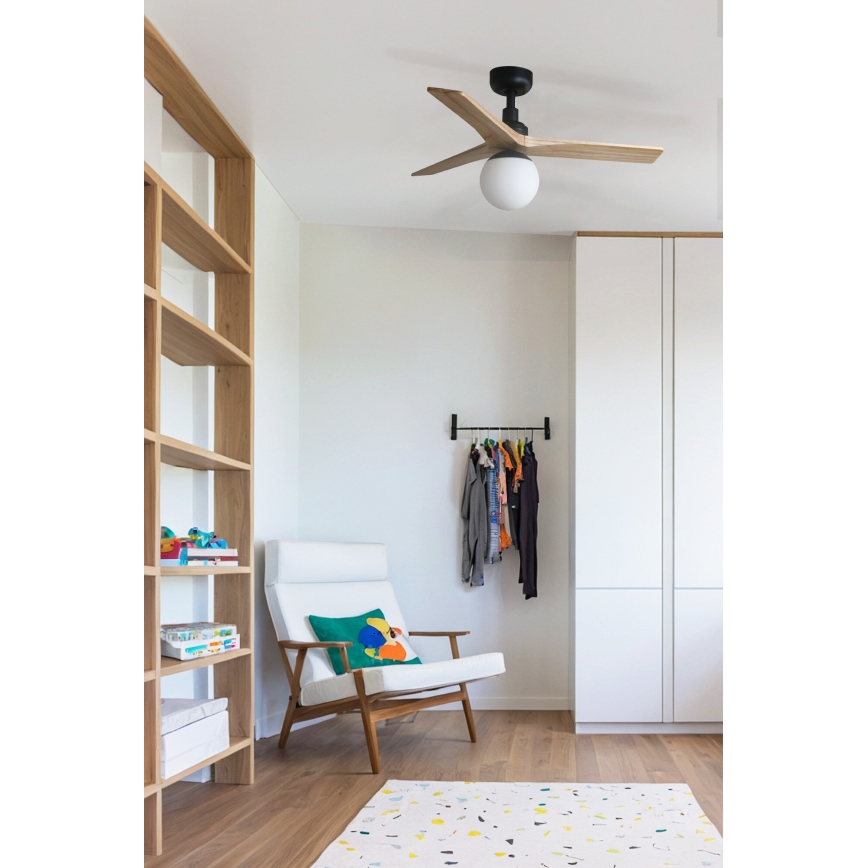 FARO 34284WT-11L - Wentylator sufitowy KLIM S 1xE27/15W/230V sosna/czarny śr. 92,5 cm Wi-Fi Tuya + zdalne sterowanie