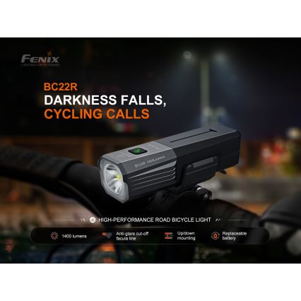Fenix BC22R - Ładowalna, ściemnialna lampka rowerowa LED/USB 3400 mAh IP66 1400 lm 41 h czarna