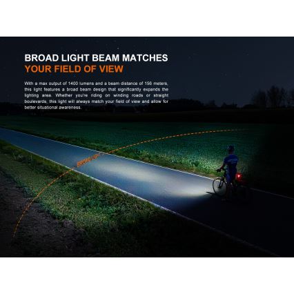 Fenix BC22R - Ładowalna, ściemnialna lampka rowerowa LED/USB 3400 mAh IP66 1400 lm 41 h czarna