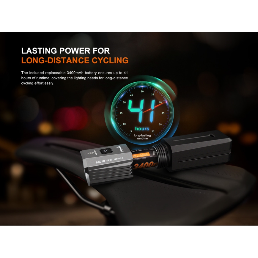 Fenix BC22R - Ładowalna, ściemnialna lampka rowerowa LED/USB 3400 mAh IP66 1400 lm 41 h czarna