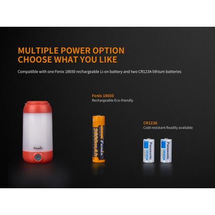 Fenix CL26RRED - LED Ściemnialna przenośna akumulatorowa lampa LED/USB/2xCR123A IP66 400 błyszcz. 400 h 2600 mAh pomarańczowy