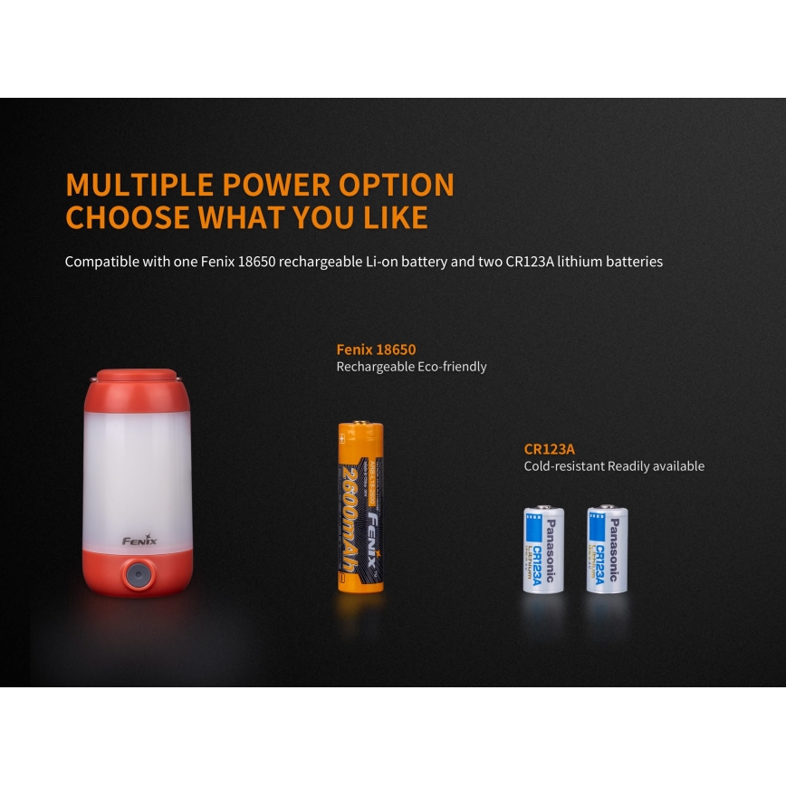 Fenix CL26RRED - LED Ściemnialna przenośna akumulatorowa lampa LED/USB/2xCR123A IP66 400 błyszcz. 400 h 2600 mAh pomarańczowy