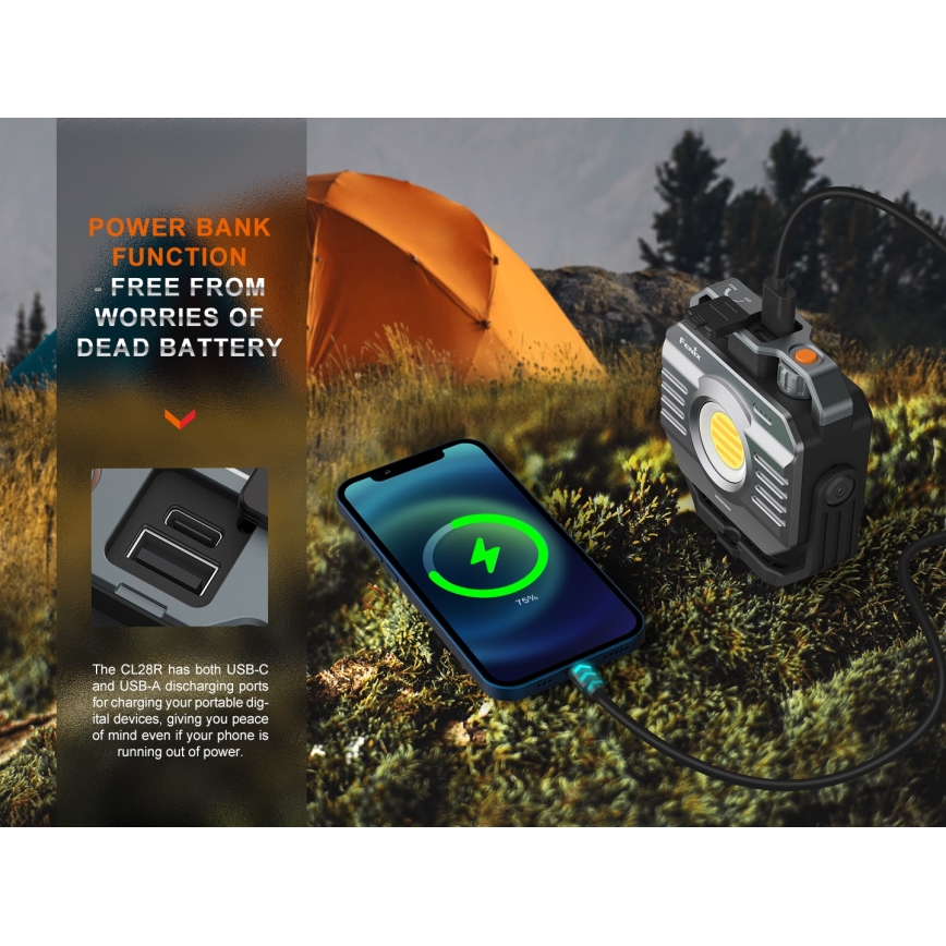 Fenix CL28R - LED Ściemnialny akumulatorowy reflektor z power bankiem LED/USB IP66 2000 błyszcz. 360 h 10000 mAh
