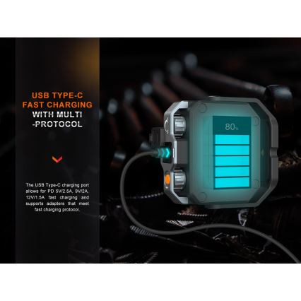 Fenix CL28R - LED Ściemnialny akumulatorowy reflektor z power bankiem LED/USB IP66 2000 błyszcz. 360 h 10000 mAh