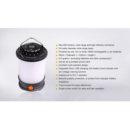 Fenix CL30R - przenośna latarka LED z ładowaniem LED/USB/6xCR123A IPX7 650 lm 300 h 2600 mAh