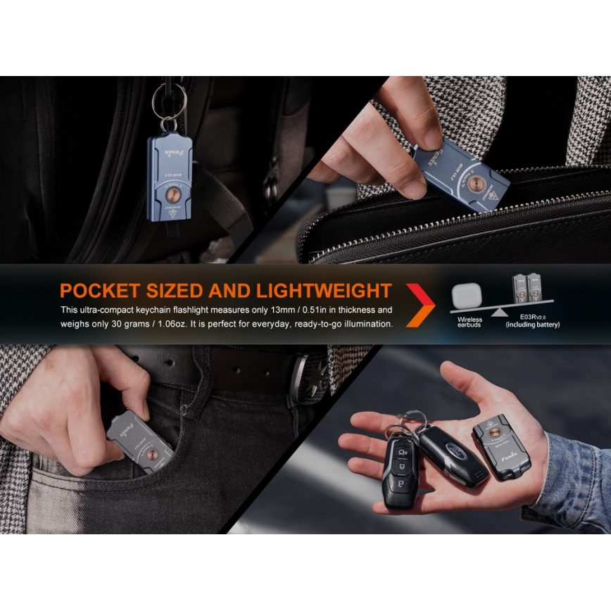 Fenix E03RV20BLU - LED Latarka akumulatorowa LED/USB IP66 500 błyszcz. 30 h 400 mAh
