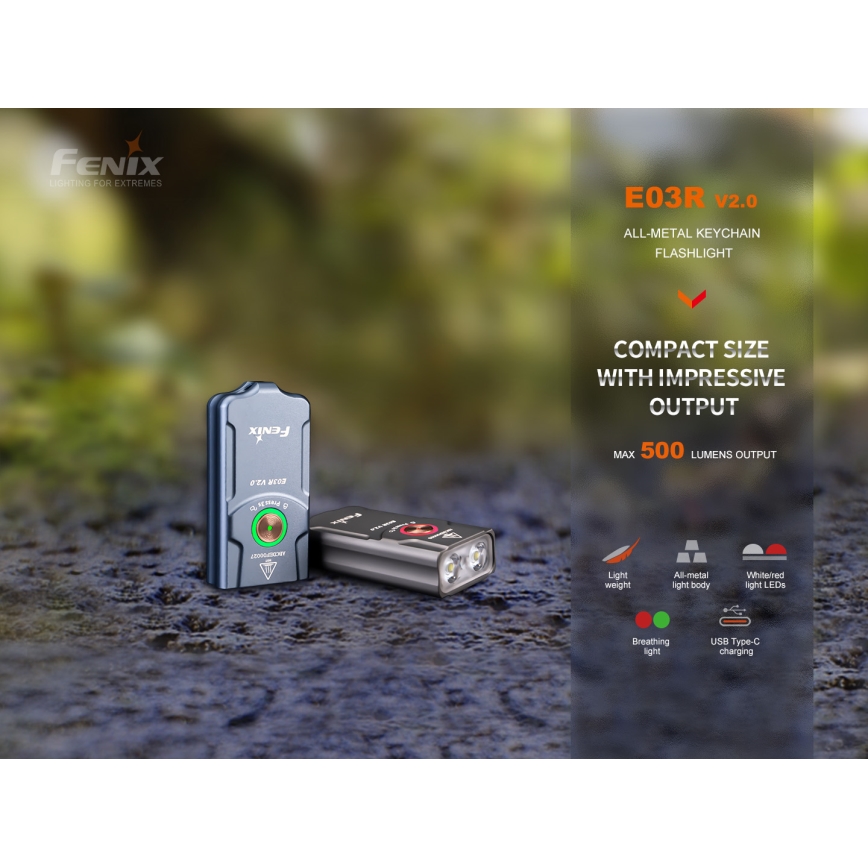 Fenix E03RV20GREY - LED Latarka akumulatorowa LED/USB IP66 500 błyszcz. 30 h 400 mAh
