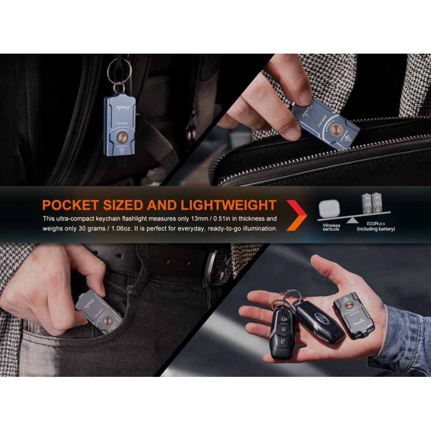 Fenix E03RV20GREY - LED Latarka akumulatorowa LED/USB IP66 500 błyszcz. 30 h 400 mAh