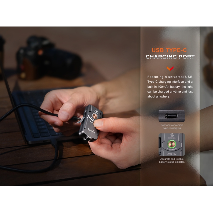 Fenix E03RV20GREY - LED Latarka akumulatorowa LED/USB IP66 500 błyszcz. 30 h 400 mAh