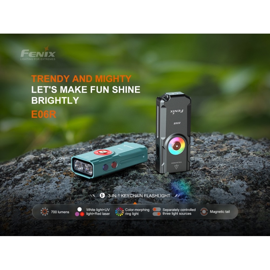 Fenix E06RGRY - LED Ściemnialna akumulatorowa latarka UV LED/USB IP66 700 błyszcz. 60 h 750 mAh szary