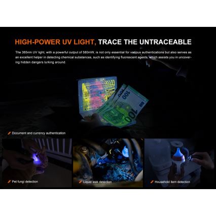 Fenix E06RGRY - LED Ściemnialna akumulatorowa latarka UV LED/USB IP66 700 błyszcz. 60 h 750 mAh szary
