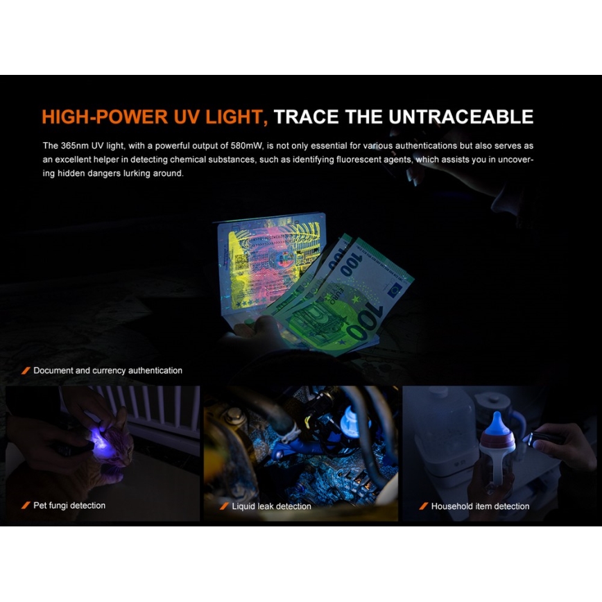 Fenix E06RGRY - LED Ściemnialna akumulatorowa latarka UV LED/USB IP66 700 błyszcz. 60 h 750 mAh szary