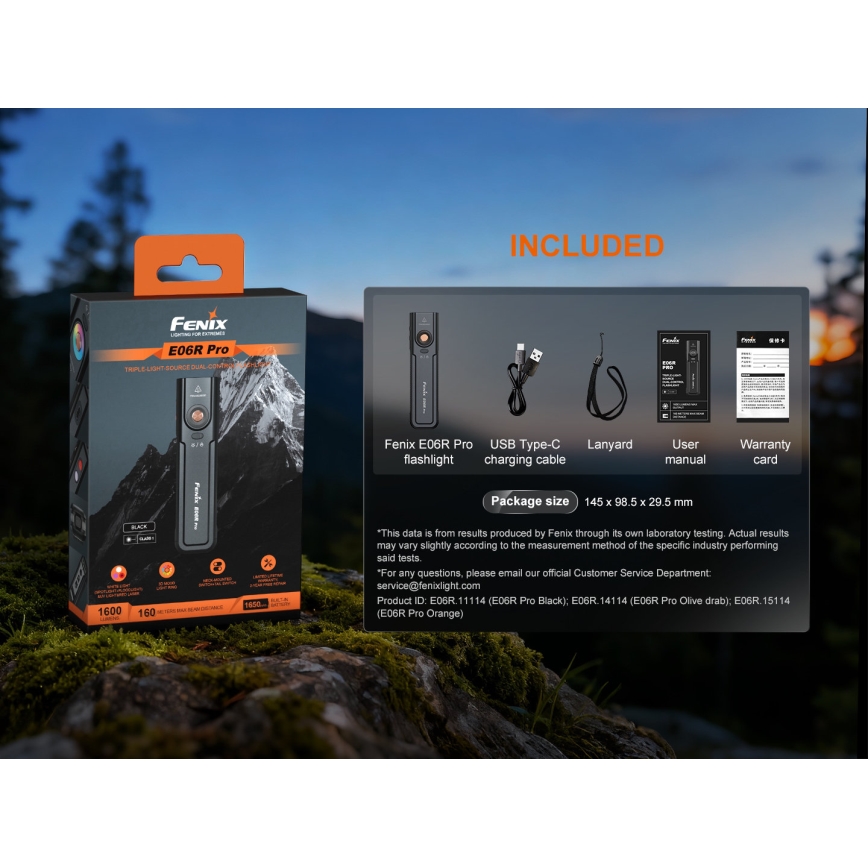 Fenix E06RPROEUBLC - ściemnialna ładowalna latarka LED/USB 1650 mAh IP66 1600 lm 111 h czarna