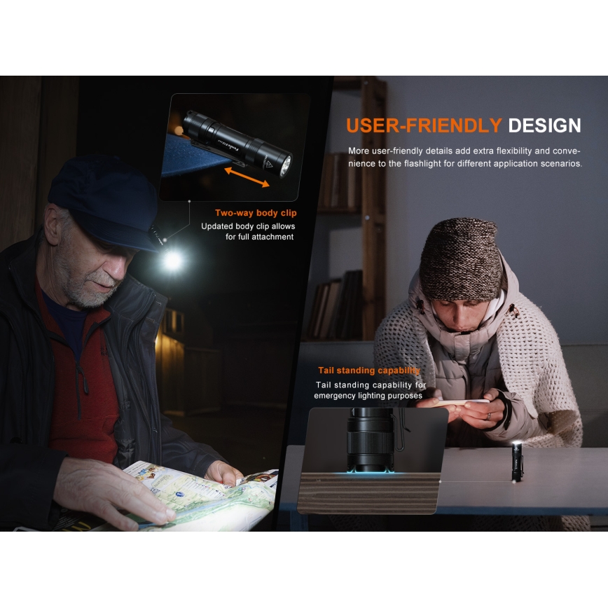 Fenix E12V30 - ładowalna latarka LED z regulacją jasności, 1×AA (2000 mAh), IP68, 200 lm, do 100 h, czarna