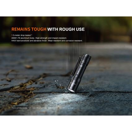 Fenix E12V30 - ładowalna latarka LED z regulacją jasności, 1×AA (2000 mAh), IP68, 200 lm, do 100 h, czarna