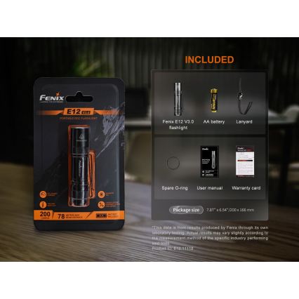 Fenix E12V30 - ładowalna latarka LED z regulacją jasności, 1×AA (2000 mAh), IP68, 200 lm, do 100 h, czarna