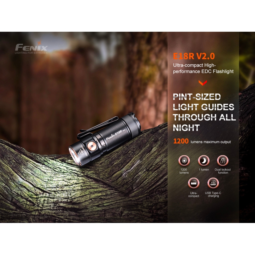 Fenix E18RV20800 - Ściemnialna ładowalna latarka LED/USB/1xCR123A 800 mAh IP68 1200 lm 200 h czarna