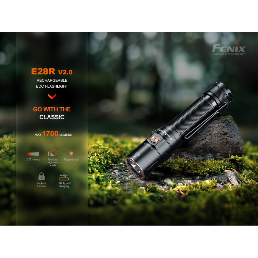 Fenix E28RV20 - LED Ściemnialna akumulatorowa latarka LED/USB/2xCR123A IP68 1700 błyszcz. 260 h 3400 mAh