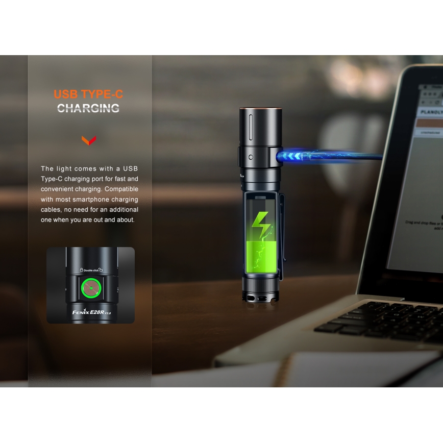 Fenix E28RV20 - LED Ściemnialna akumulatorowa latarka LED/USB/2xCR123A IP68 1700 błyszcz. 260 h 3400 mAh