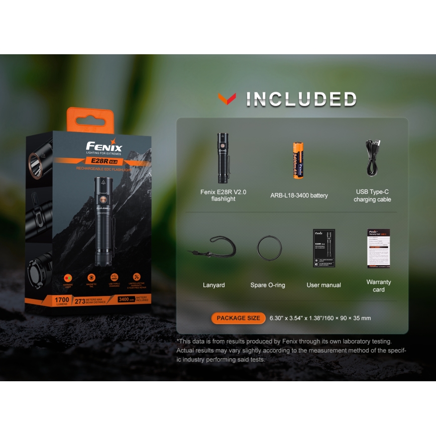 Fenix E28RV20 - LED Ściemnialna akumulatorowa latarka LED/USB/2xCR123A IP68 1700 błyszcz. 260 h 3400 mAh