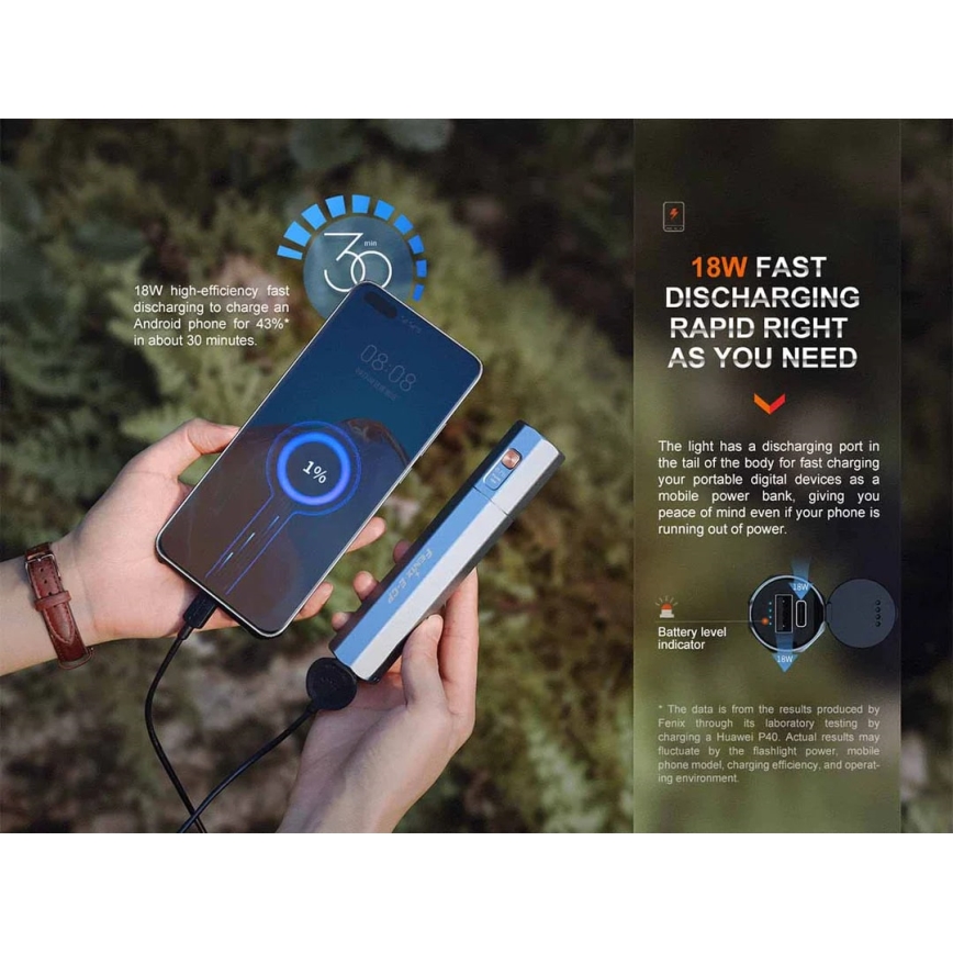 Fenix ECPBLCK - LED Latarka akumulatorowa z power bankiem USB IP68 1600 błyszcz. 504 h 5000 mAh czarny