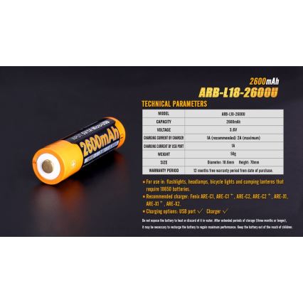 Fenix FE18650LI26USB - 1 szt. Akumulator ładowalny USB, 3,6 V, 2600 mAh