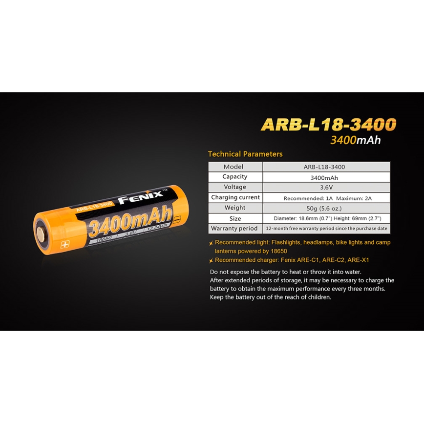 Fenix FE18650LI34 - 1 szt. Akumulator ładowalny 18650/3,6 V 3400 mAh