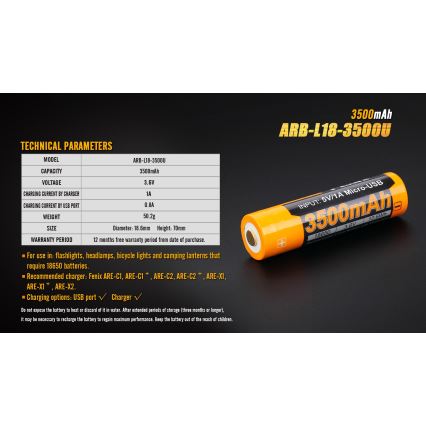 Fenix FE18650LI35USB - 1 szt. Akumulator ładowalny USB, 3,6 V, 3500 mAh