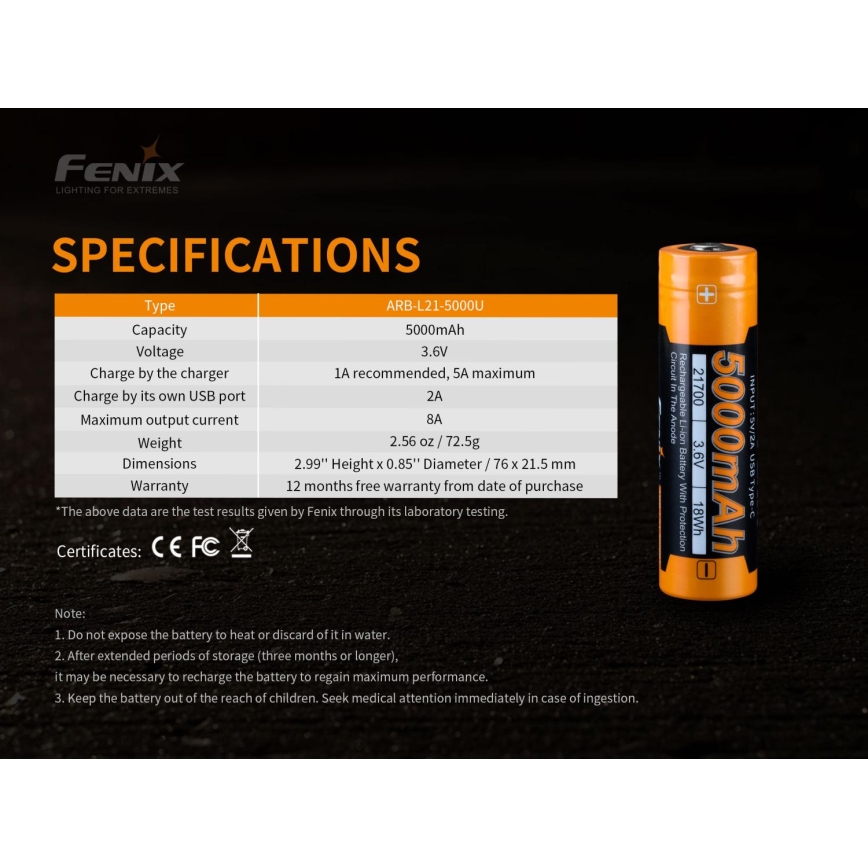 Fenix FE21700USB - 1 szt. Akumulator ładowalny USB 3,6 V 5000 mAh